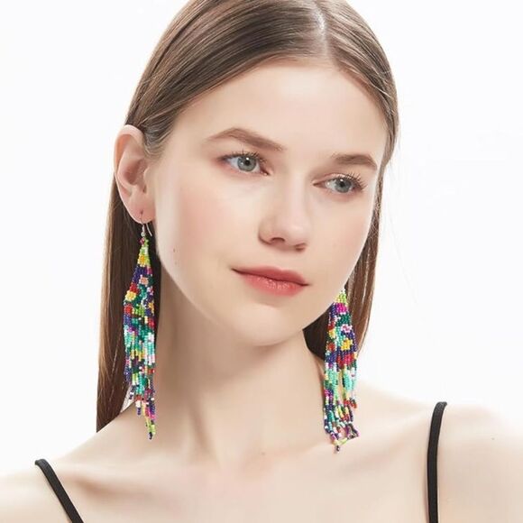 Flower Bohemian Seed Bead Tassel Dangling Statement French Wire Hook Earrings - Picture 5 of 6